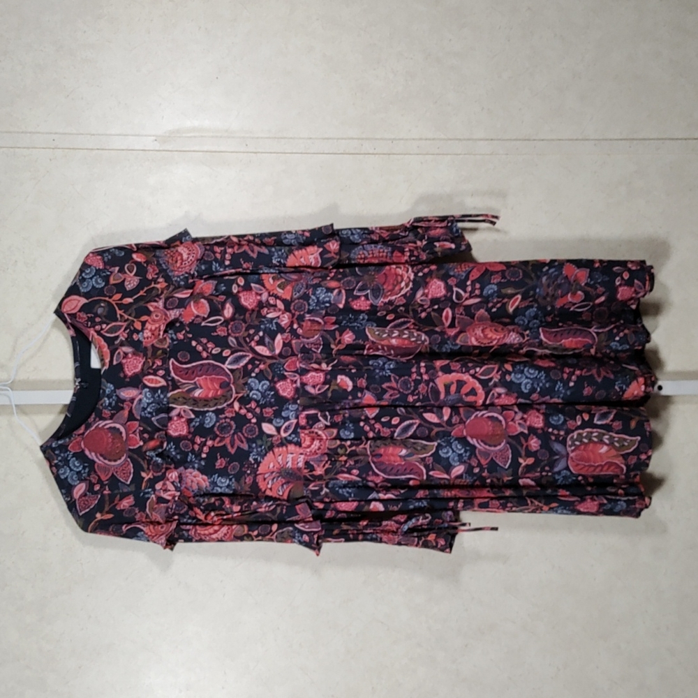 C167 Loft black, peach & blue floral print L/S dress 6